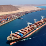 **Strategic Gateway:** Aerial view of the Bab-el-Mandeb Strait, bustling with container ships and oil tankers, highlighting Djibouti's narrow coastal landmass as a crucial strategic bottleneck. Emphasize the vital global trade route connecting Europe, Asia, and Africa. Cinematic, high-resolution, with a subtle aura of geopolitical significance.