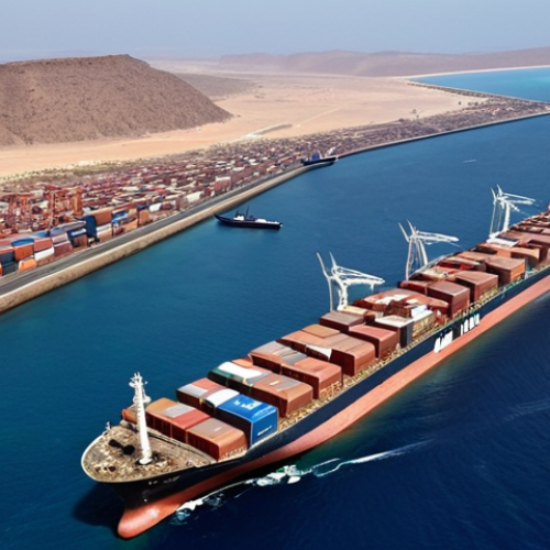 **Strategic Gateway:** Aerial view of the Bab-el-Mandeb Strait, bustling with container ships and oil tankers, highlighting Djibouti's narrow coastal landmass as a crucial strategic bottleneck. Emphasize the vital global trade route connecting Europe, Asia, and Africa. Cinematic, high-resolution, with a subtle aura of geopolitical significance.