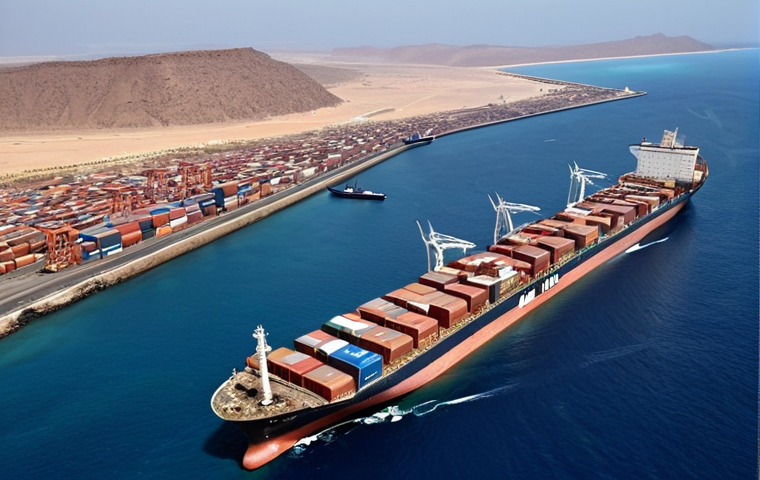 **Strategic Gateway:** Aerial view of the Bab-el-Mandeb Strait, bustling with container ships and oil tankers, highlighting Djibouti's narrow coastal landmass as a crucial strategic bottleneck. Emphasize the vital global trade route connecting Europe, Asia, and Africa. Cinematic, high-resolution, with a subtle aura of geopolitical significance.