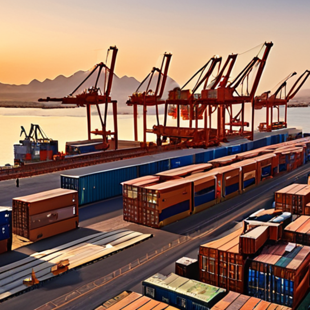**

A bustling Djibouti port scene at sunset. Modern container ships being loaded and unloaded by advanced cranes. In the background, the city skyline blends with the desert landscape. Emphasize efficiency and the mix of traditional and modern elements. Golden hour lighting.

**