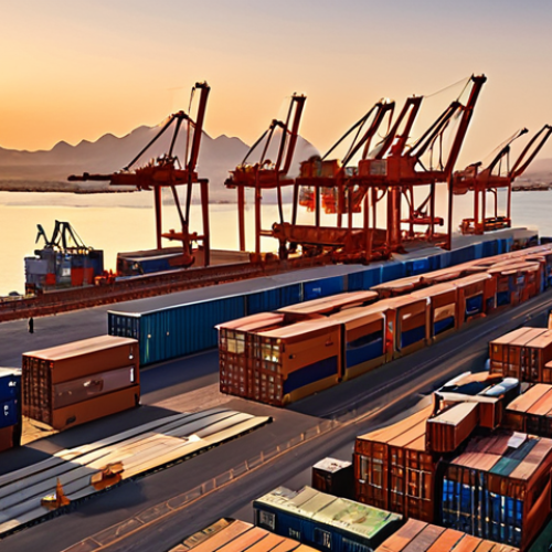 **

A bustling Djibouti port scene at sunset. Modern container ships being loaded and unloaded by advanced cranes. In the background, the city skyline blends with the desert landscape. Emphasize efficiency and the mix of traditional and modern elements. Golden hour lighting.

**