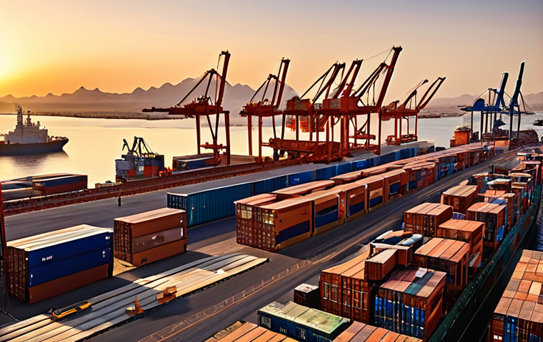 **

A bustling Djibouti port scene at sunset. Modern container ships being loaded and unloaded by advanced cranes. In the background, the city skyline blends with the desert landscape. Emphasize efficiency and the mix of traditional and modern elements. Golden hour lighting.

**